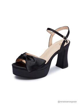 Women's Platform Chunky Heels Open Toe Satin Bow Block Heel Sandals for Wedding